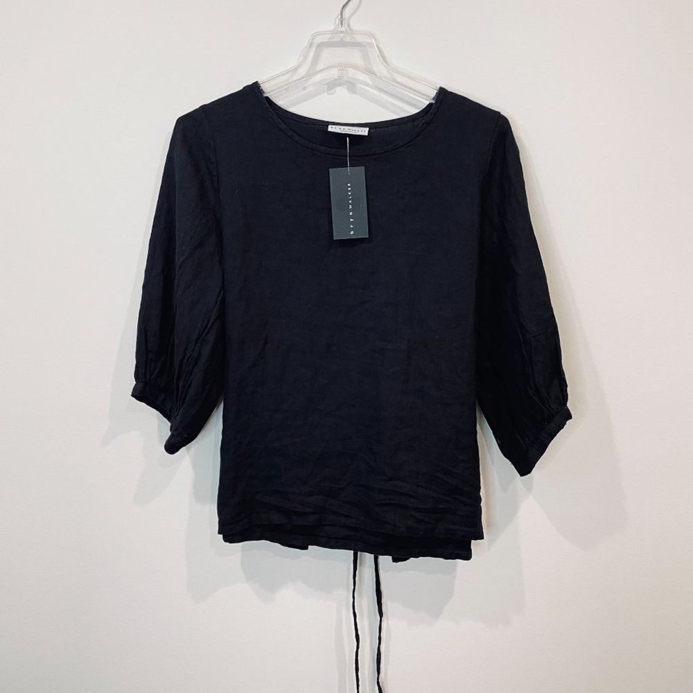Bryn Walker Women's Top Medium Black 100% Linen Half Sleeve Tie Waist Shirt New